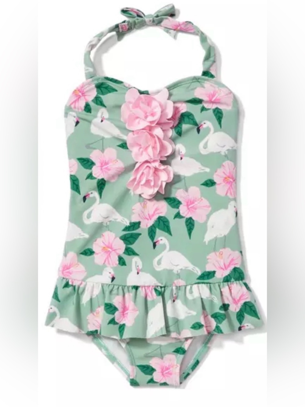 Janie and Jack Flamingo Hibiscus  Floral One Piece Swimsuit 3T Mint Pink Ruffle